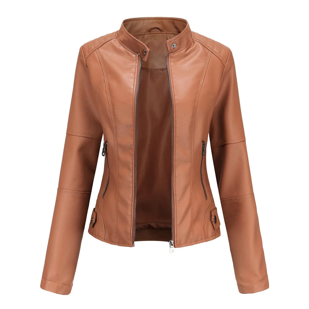 Women Leather Jacket 2025 Spring Autumn Black PU Leather Coat Stand-up Collar Motor Biker Jacket