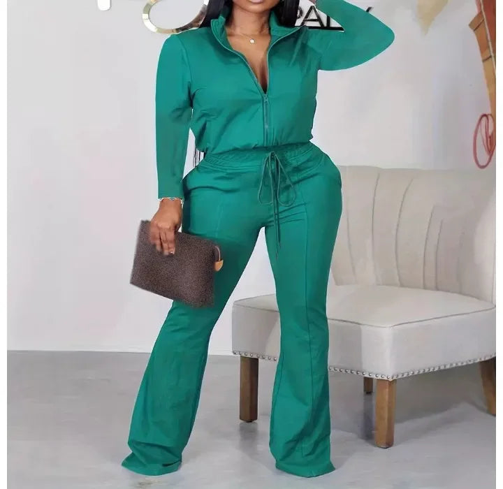 Elegant Jump Suits for Women New Fashion Zipper Design Drawstring Flared Long Sleeves Bodysuit Pants 2024 Autumn Winter Spring