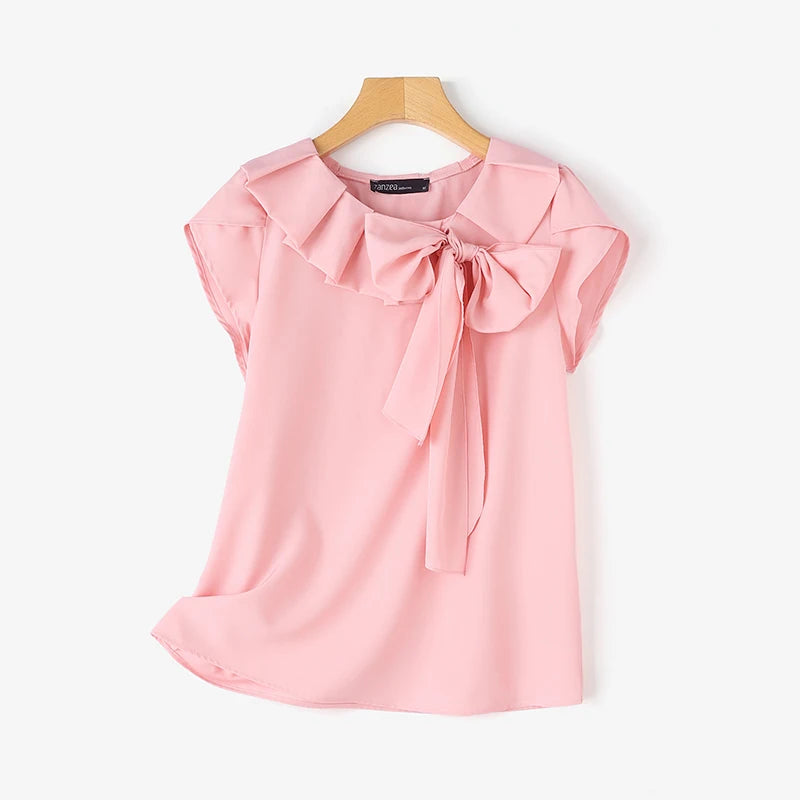 ZANZEA Women Short Sleeve Blouse Elegant Round Neck Tunics Office Lady Bowknot Stitching Shirt Casual Loose Solid Twisted Tops
