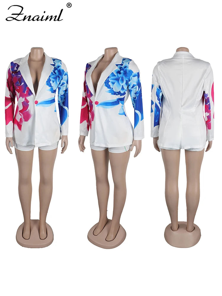 Znaiml Elegant Office Lady Blazer Single Button Jacket Coat and Shorts Two 2 Piece set Women Trendy Classic Print Matching Suits