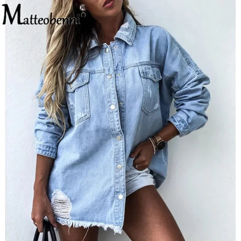 2024 Fall New Women's Long Sleeve Denim Shirt Fashion Ripped Mid-length Jeans Buttons Shirt Tops Boyfriend Loose Shirts
