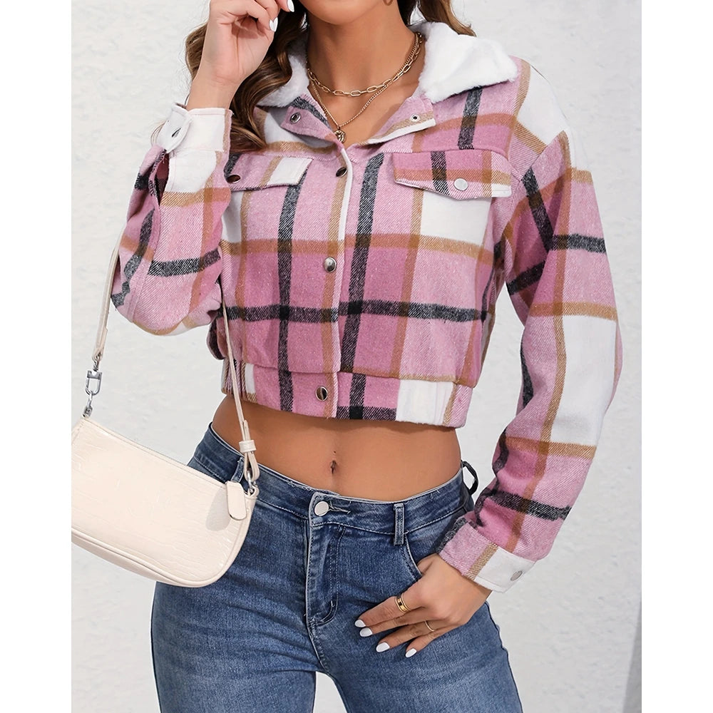 Women Fluffy Turn-down Collar Striped Print Covered Button Short Jackets Autumn Long Sleeve Coat Outfits Winter Clothing