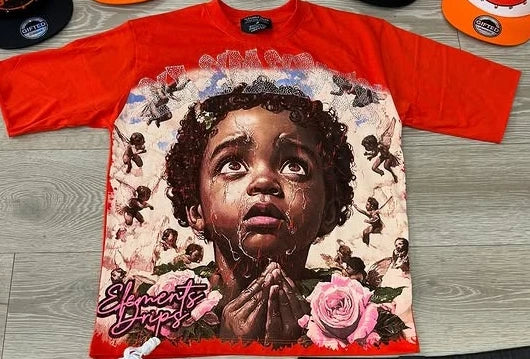 Mens Womens Red Graphic T-Shirt with Angel Prayer Print Short Sleeve Streetwear Summer Casual Tee Trendy Urban Style Hip Hop