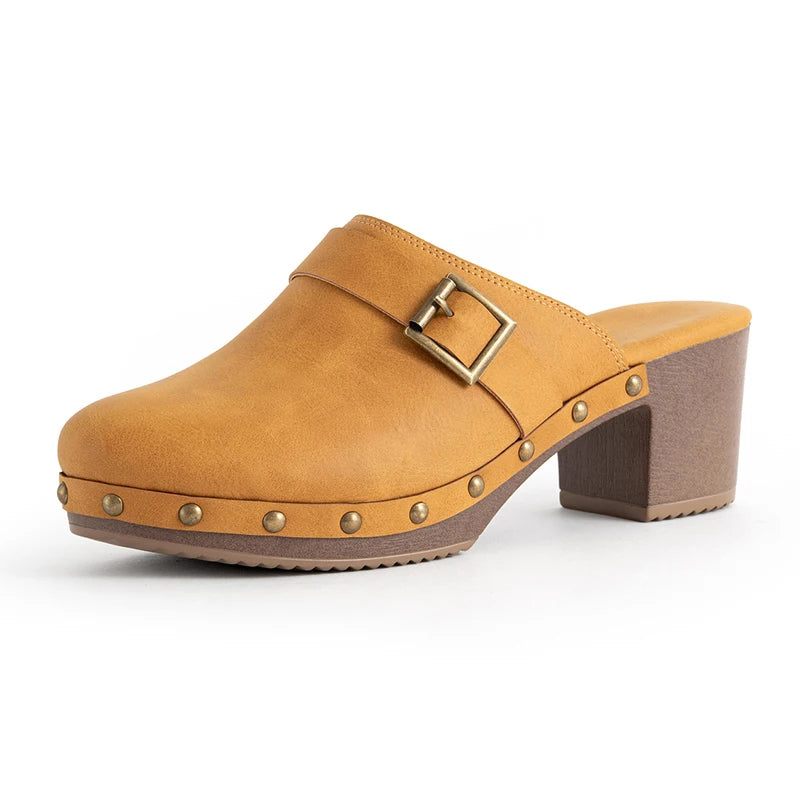 Metal Rivet Cork High Heel Mule Slippers for Women