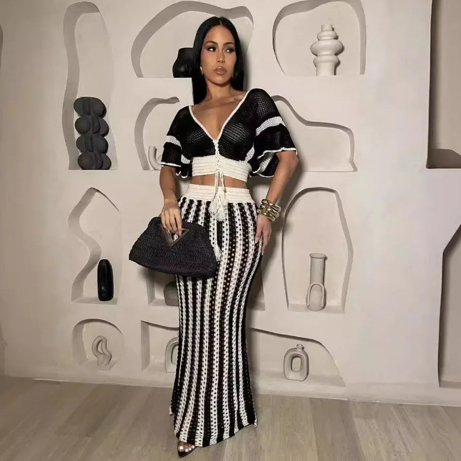 Wmstar Women Two Piece Set Sexy Elegant Knitted Crochet Beach Stripe Crop Tops Long Skirts Matching Set Holiday Birthday Outfits