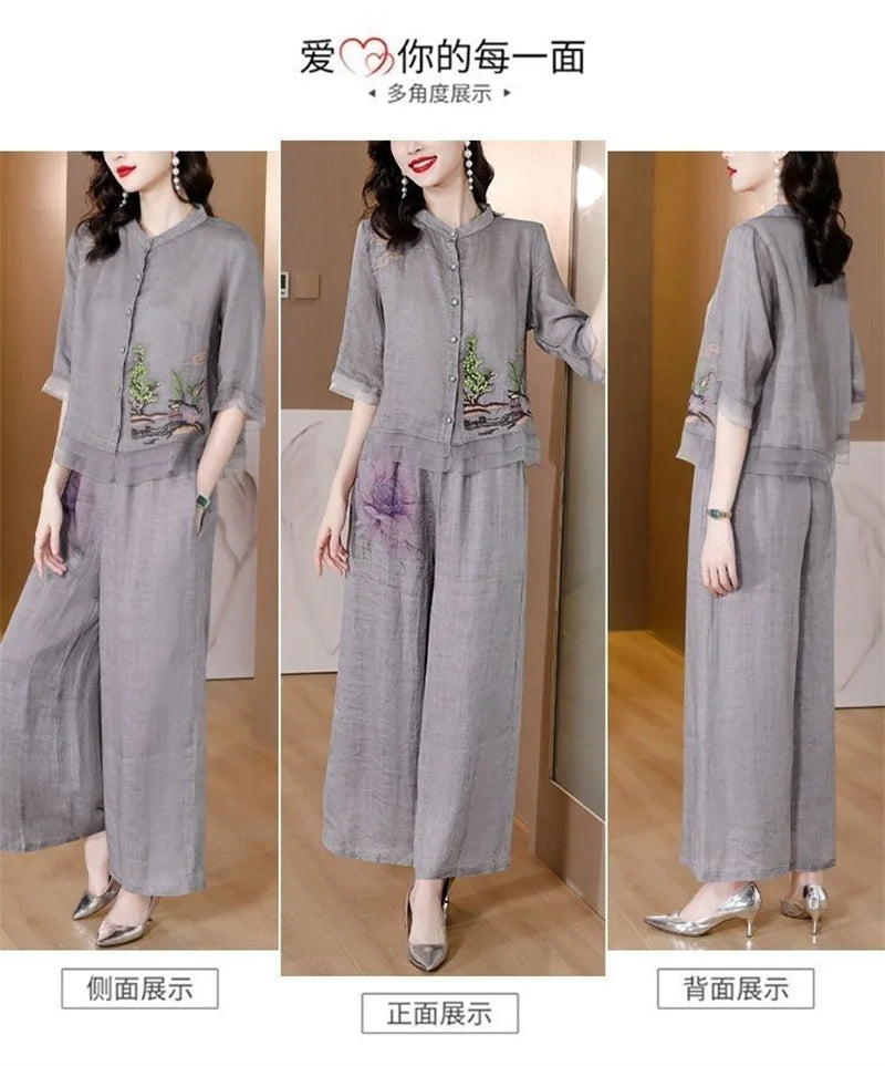 Grey Summer Art Embroidery Chinese Style Set Linen Western Style Summer Wide Leg Pants Casual Fashion Two piece Cotton Set XXXL