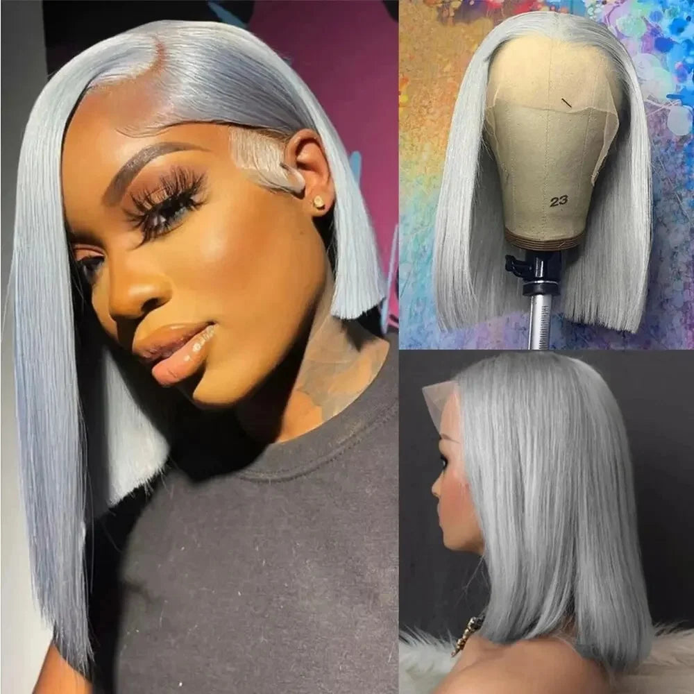 Silver Grey Straight Bob Human Hair Wigs Gray 13x4 Transparent Lace Front Short Bob Short Wigs Human Hair For Women Preplucked
