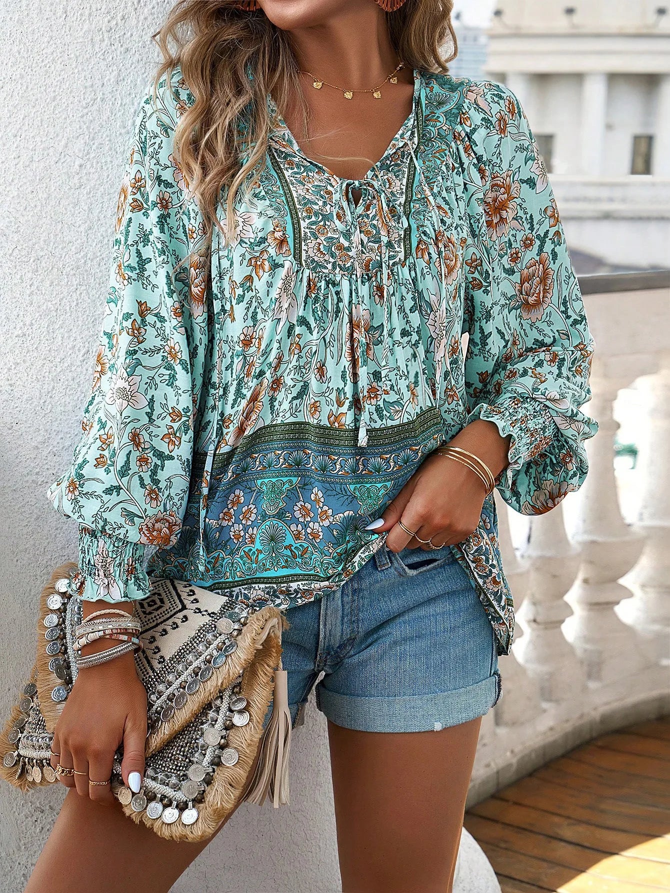 2025 Spring Summer Printed Shirt Women Elegant Chiffon V-neck Long-sleeve Top