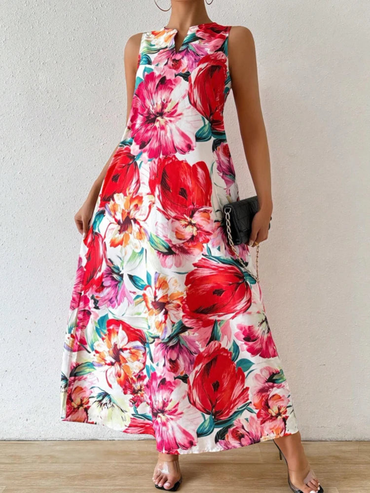Women's Fashionable V-Neck Sleeveless Dress Floral Print Lightweight Breathable Long Dress Personality Slit Design Comfort