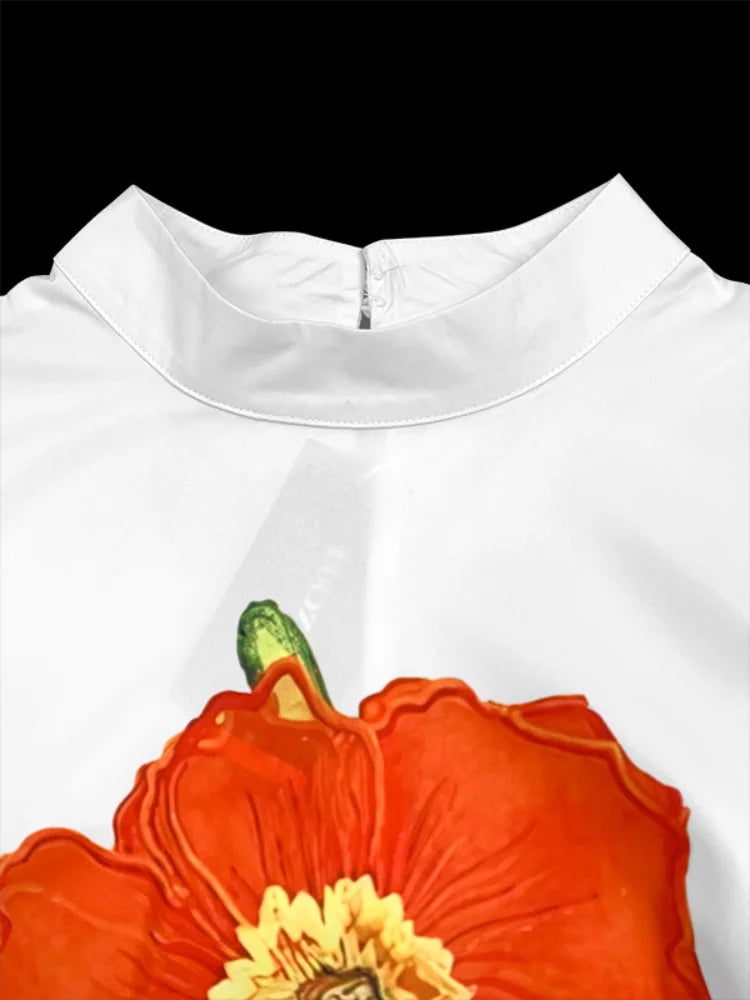 2025 Flower Printed T-shirt for Women Stand Collar Three-quarter Sleeves Loose Fit Shirt Top Summer Casual Blouse