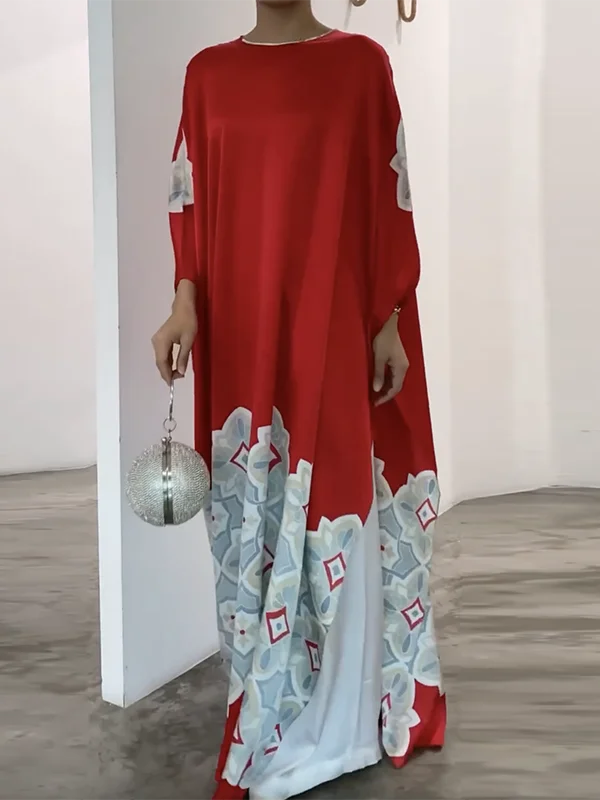 2025 New Spring Printed Evening Party Dresses Vintage Elegant Long Sleeves Loose Round-Neck Muslim Robe For Women