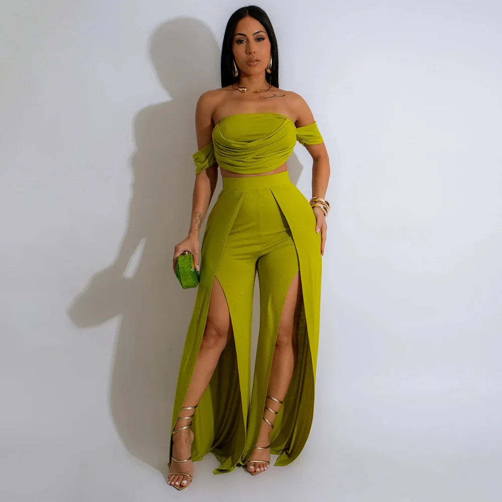 CM.YAYA Women's Set Short Sleeve Slash Neck Ruched Tops and Wide Leg split Pants 2024 Street Two 2 Piece Sets Outfit Tracksuits