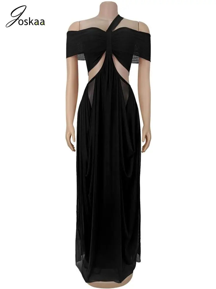 Joskaa 2025 Women's Elegant One Shoulder Strapless Mesh Irregular Maxi Dress Sexy Hollow Backless Skinny Evening Gown Clubwear