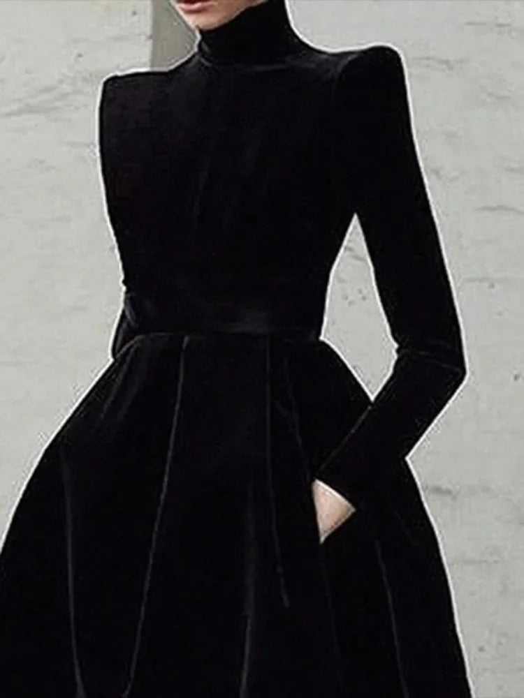 Beautyblue Womens Evening Dresses High Neck Midi Dress New Black Long Sleeves Elegant Party Dress for Female Casual Gathering