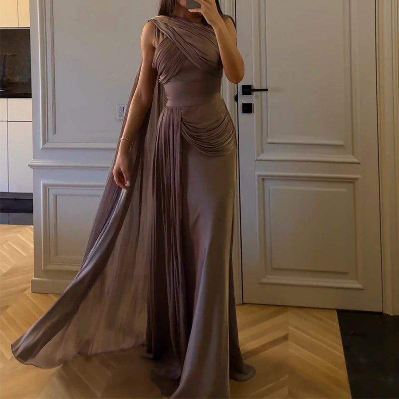 Spring Summer High Waisted Women's Banquet Dress Elegant Temperament Solid Color Slim Host Dress Casual Draped Office Long Dress