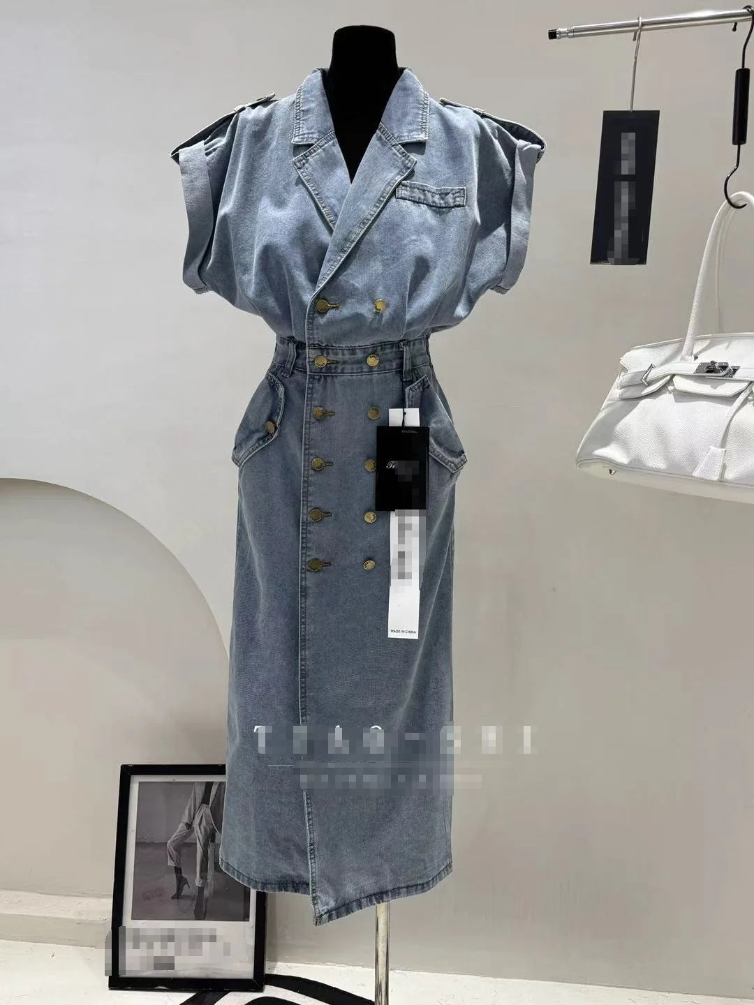 Classic Single Breasted Lapel Denim Midi Skirt For Women