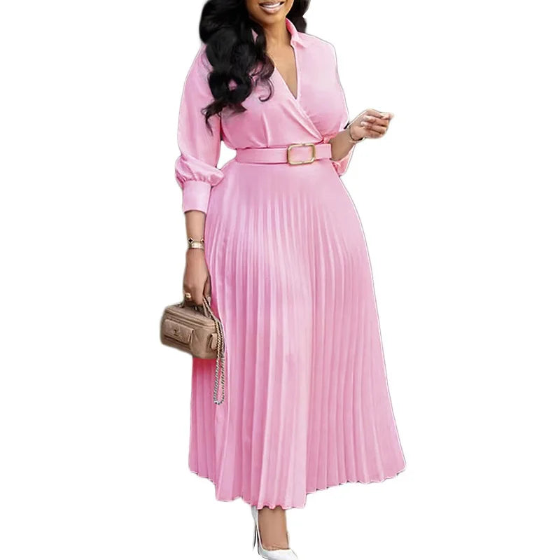 Elegant Office Dresses for Women Pleated Deep V Neck Full Sleeve Belt Waisted Ankle Length African Business Work Wear Dress New