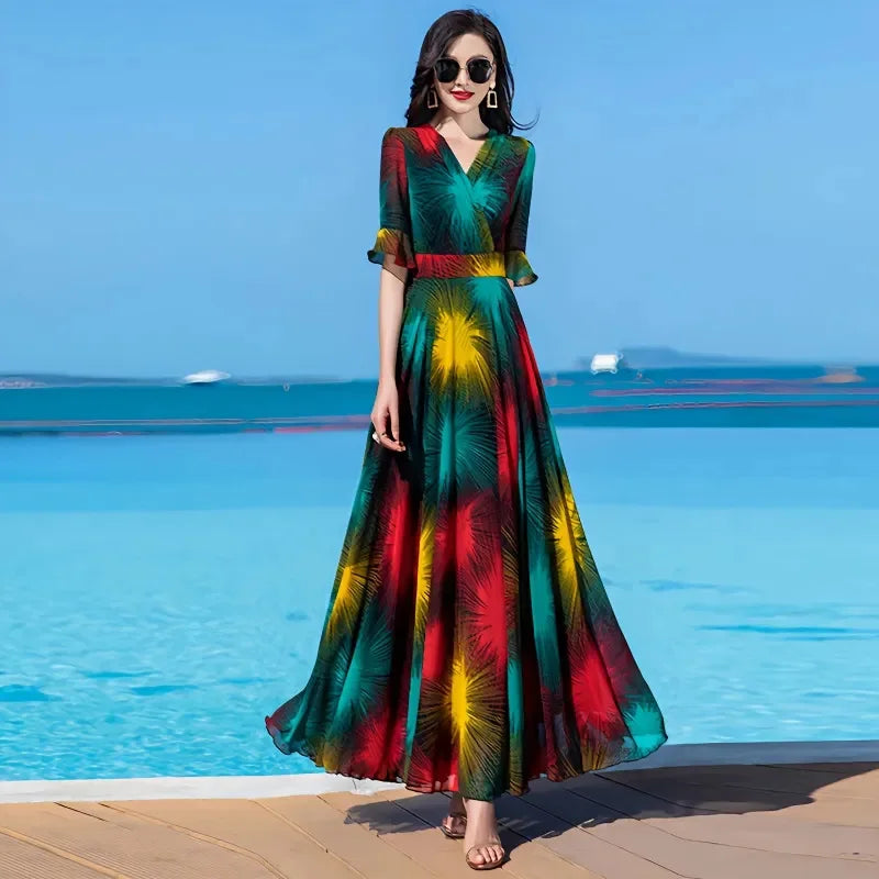 Floral Dress 4XL Women's 2025 Summer Chiffon V-Neck Dress High end Style Celebrity Splice A-line Skirt for Women Elegant Mujer