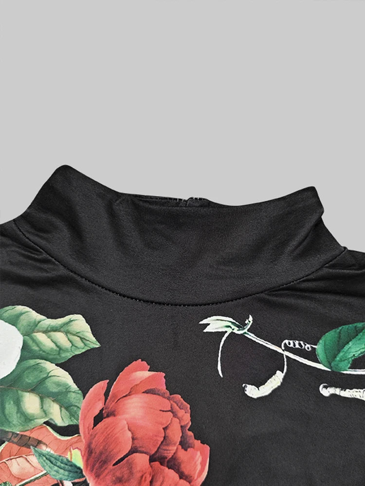 Women's Vintage Floral Printed High Neck Tops 2025 New Fashion Autumn Winter Long Sleeves Casual Skinny Split-Joint T-shirts