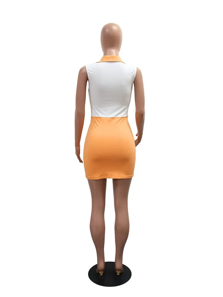 2025 Summer Women's Contrast Patchwork Lapel Sleeveless Bodycon Sporty Mini Dress Holiday Casual Comfort Streetwear S-XXL