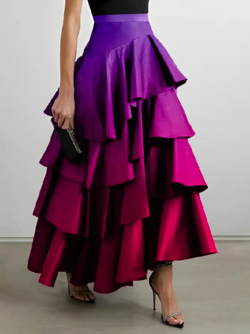 Beautyblue Elegant Party Dresses for Women 2025 Gradient Long Skirts Fashion A-Line Falbala High Waisted Bottoms Skirt Female