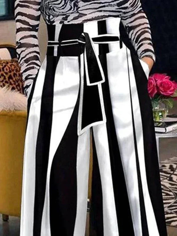 Fashion Black White Striped Wide Leg Pants Women 2024 New Autumn Lace-up High Waisted Loose Casual Commute Trousers