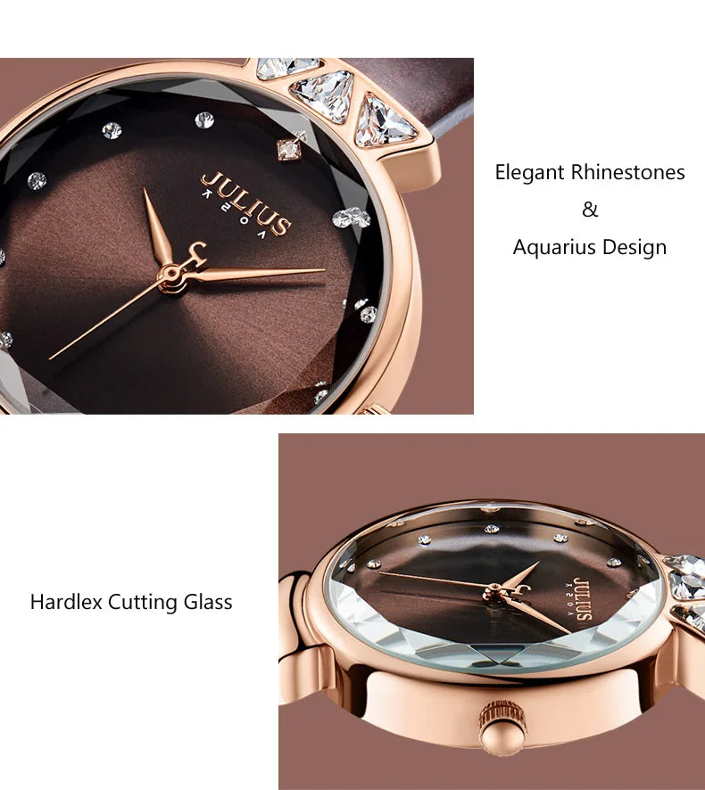 Aquarius CZ Julius Lady Women's Watch Japan Quartz Fashion Rhinestones Hours Bracelet Real Leather Girl's Gift Box