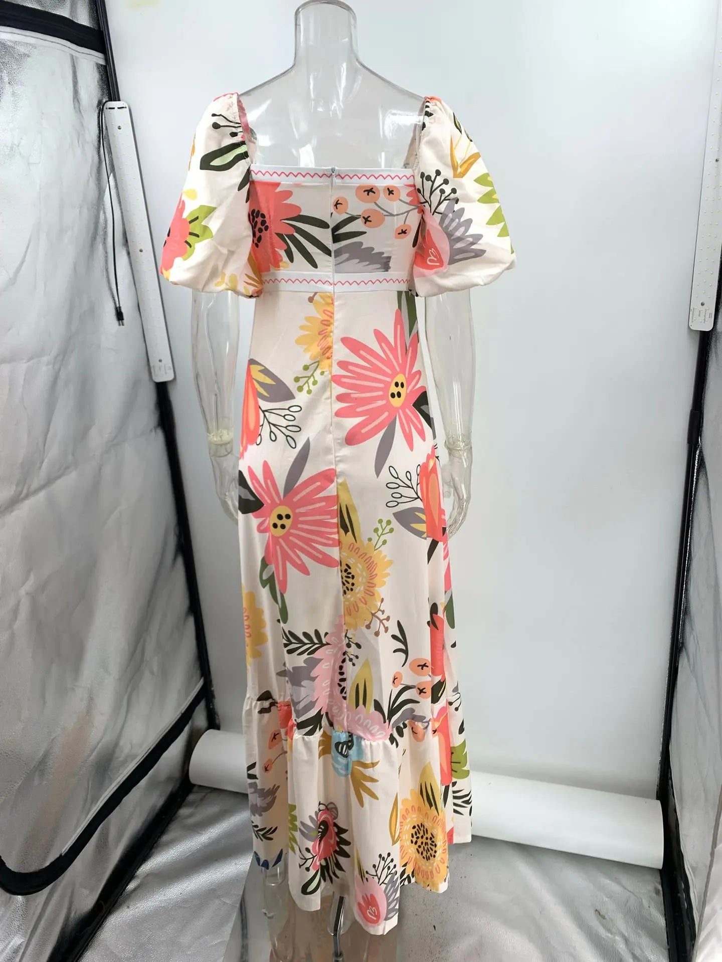 Summer Dress Elegant Women Flower Printed Maxi Dress High Waisted Short Sleeve Square Collar 2025 Summer Fashion Holiday Dresses
