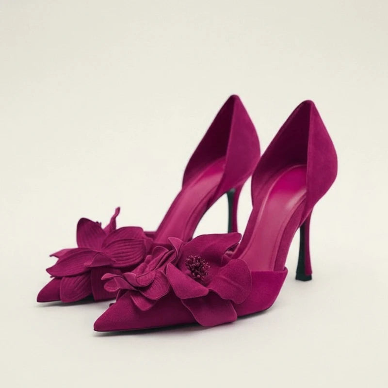 Suede Pointed Toe Stiletto Pumps With Floral Appliques for Women