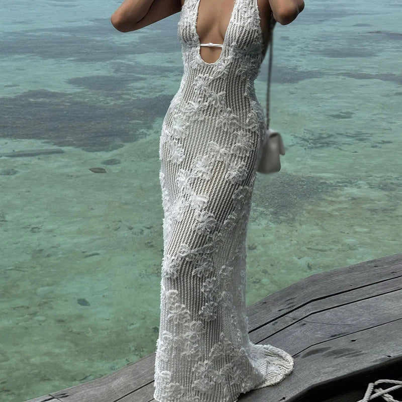 New Sexy Halter Low Cut Jacquard Long Dresses Fashion Summer Backless Knitted Women's Dress Holiday Beach Solid Bikini Cover Up