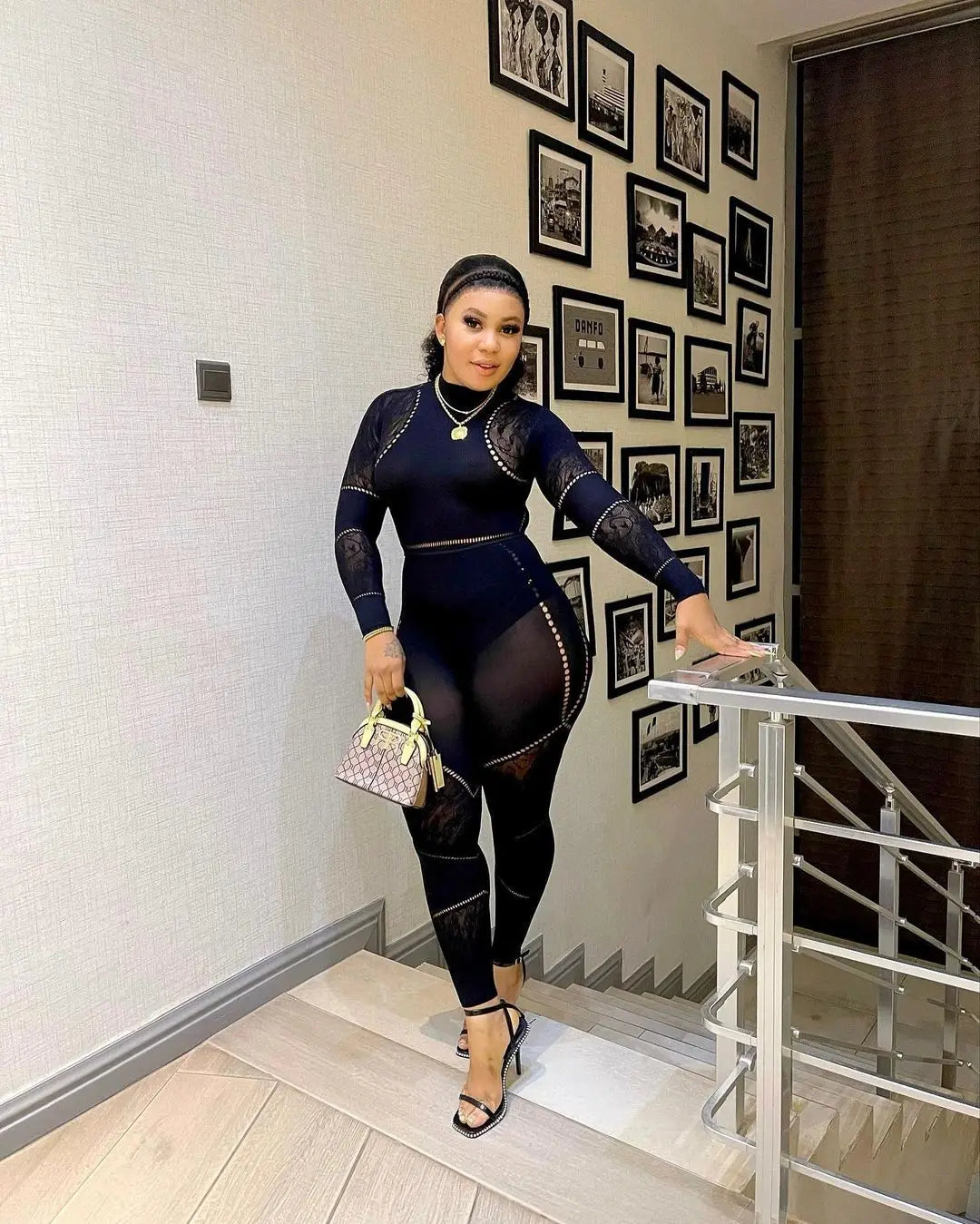 CM.YAYA Long Sleeve Sexy Mesh Lace Hollow Out Women’s Jumpsuits 2024 Fall O-Neck Night Club Party Pajamas One Piece Outfits