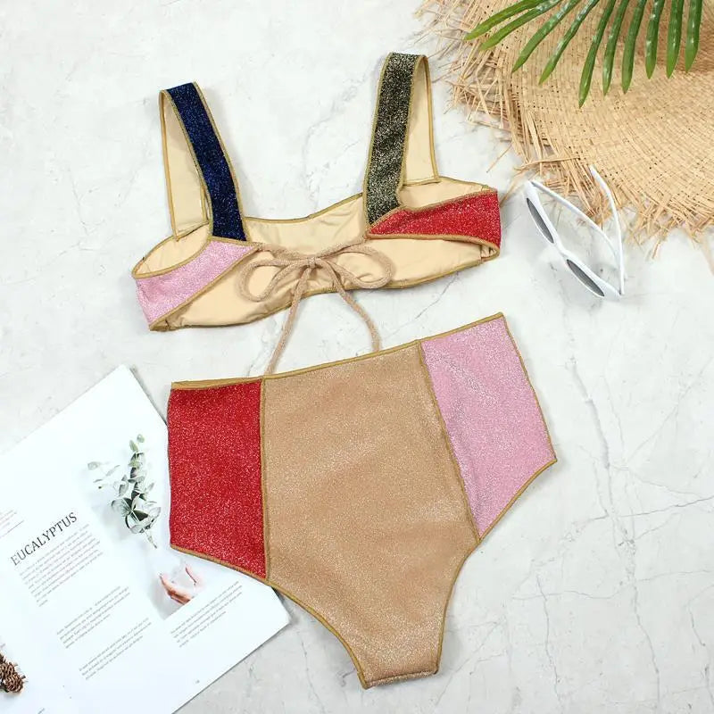 Swimsuit New Bikini High Waist Women's Gold Silk Color Printed Swimsuit Swimwear
