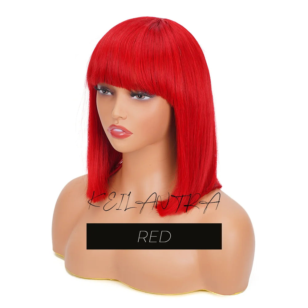 Straight Human Hair Bob Wigs with Bangs Remy Full Machine Made for Women Hightlight Burgundy Brown Colored BOB Wig