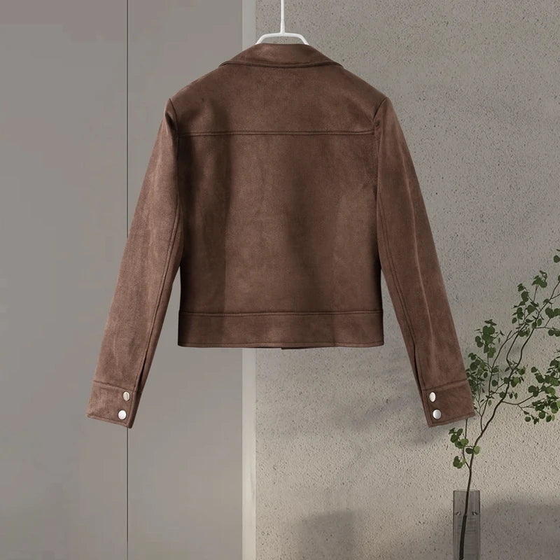 Big Pockets Suede Short Women's Jackets Vintage Lapel Single Breasted Full Sleeve Jacket Lady 2025 Spring Fashion Streetwears
