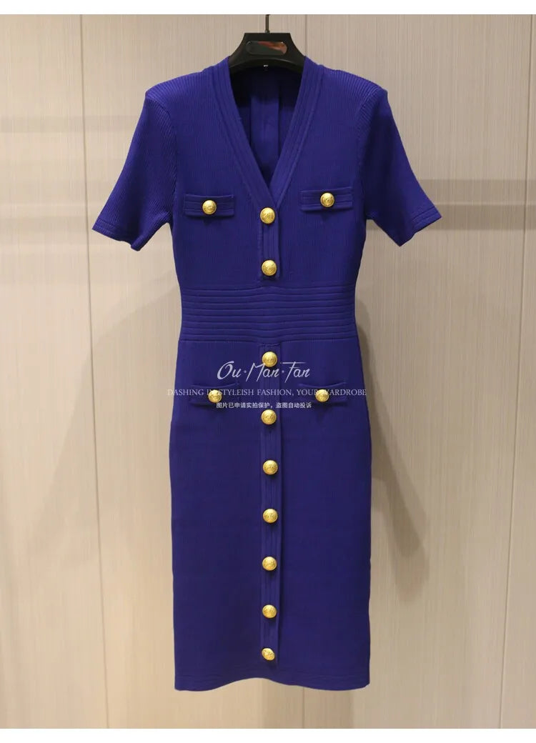 2026 Summer Fashion V-neck Metallic Buckle Knit Bodycon Midi Dress Women's Commute Slim Fit Elegant Short Sleeve Dresses