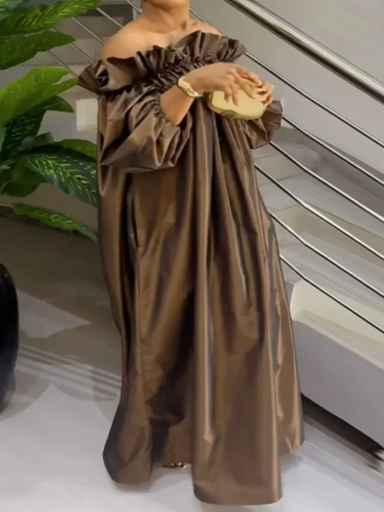 Beautyblue Plus Size Dresses Women Off-the-shoulder Maxi Dress Loose Elastic Puff Sleeve Oversized Brown New Elegant Robe Female