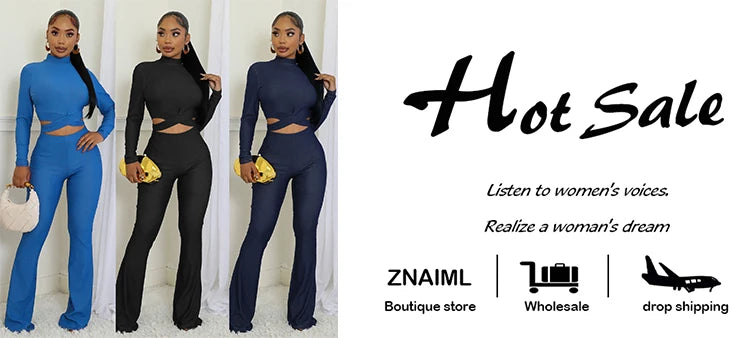 Znaiml Women's Full Sleeve Cross Hollow Out Crop Tops and Flare Pants Set Spring Fall Fitness Sports Blue Two 2 Piece Outfits