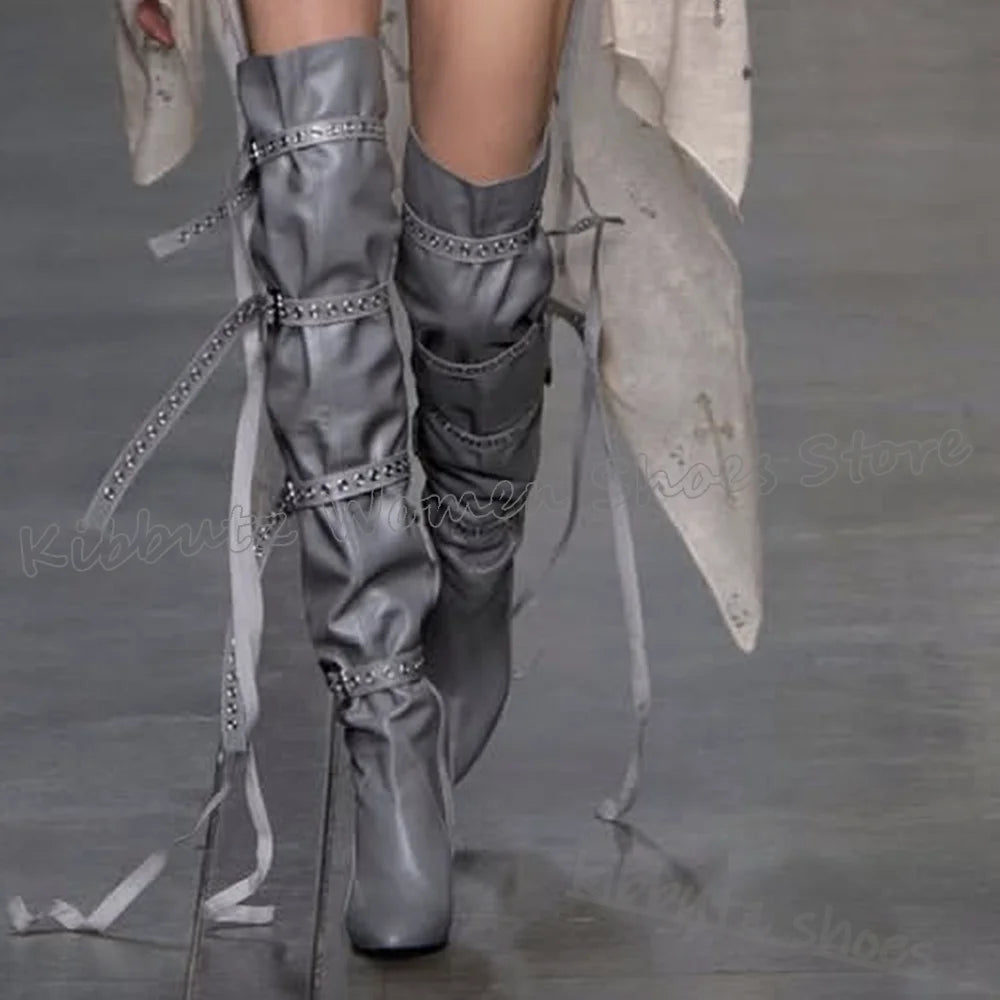 Above The Knee Boots Belt Buckle Pointed Toe Chunky Heels Solid Color Leather Fashion Luxury Elegant Concise Spicy Girls Shoes