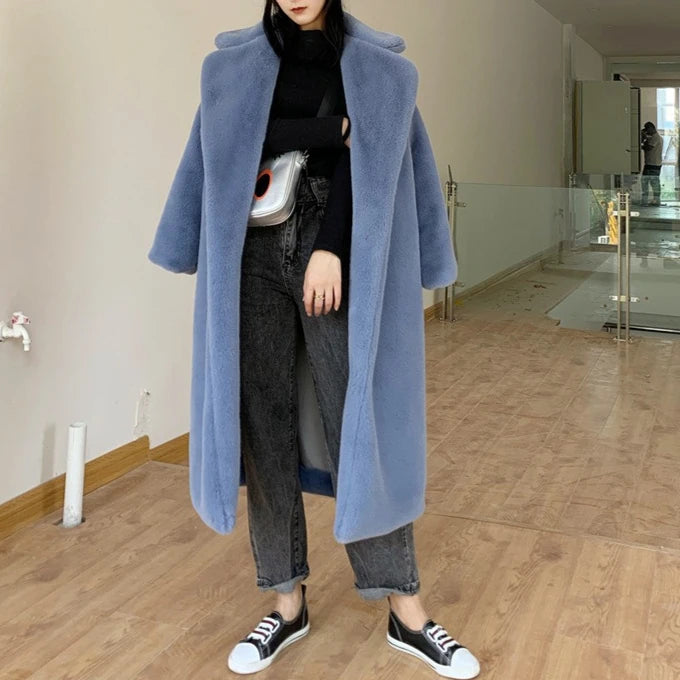 Long Belted Faux Fur Winter Coat