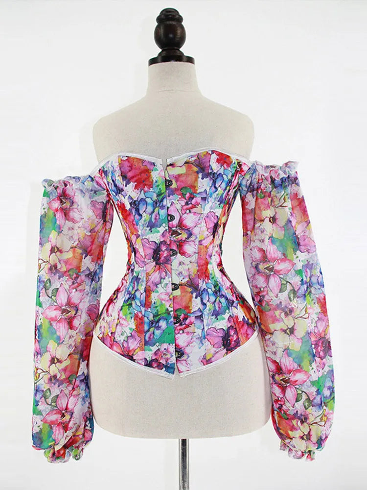 Sexy Off Shoulder Women Tops And Blouse Fashion Puff Sleeve Bodycon Crop Top Casul Holiday Beach Floral Blouses Shirt