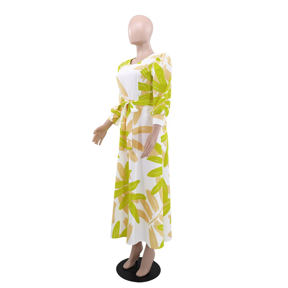 Summer Women's Printed Maxi Dress New Long Sleeve Waist Tie Sun Dresses Fashion Loose Women's Casual Dress 2024