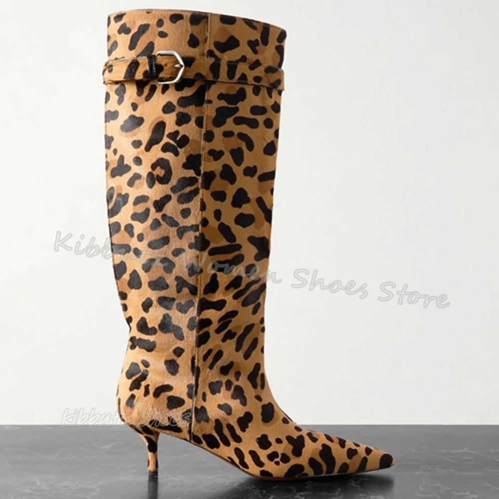 Leopard Print Knight Boots Knee High Horse Hair Retro Fashion Elegant Genuine Leather Slip-On Pointed Toe Thin Heels Women Shoes
