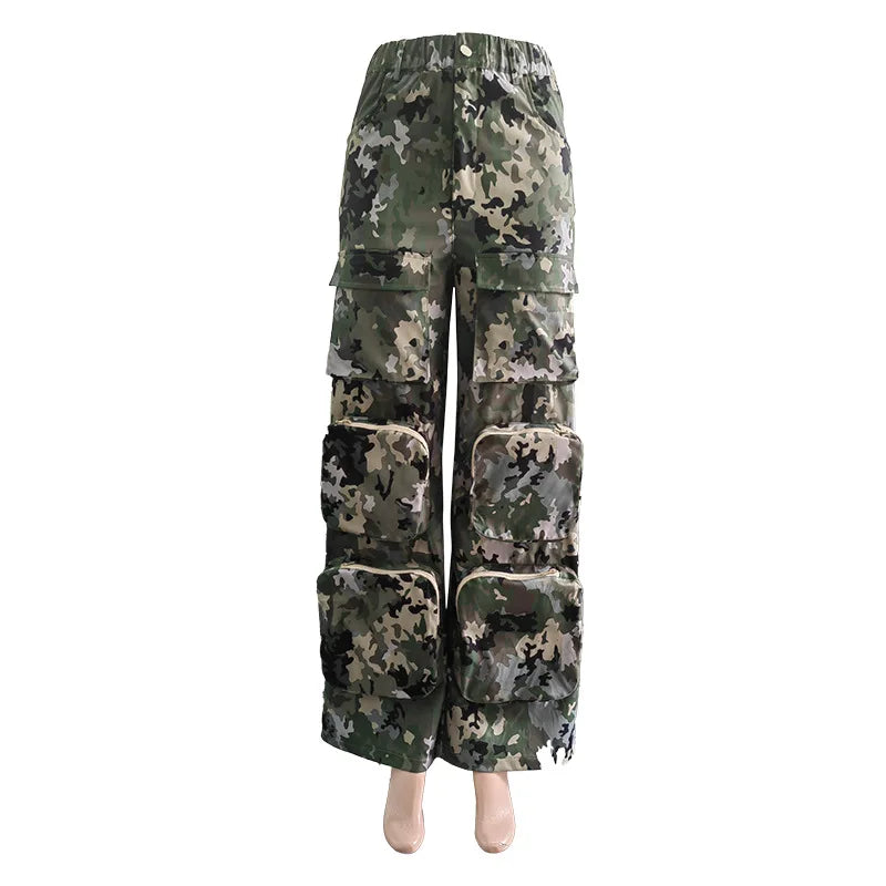 FAGADOER Fashion Camouflage Straight Pants Women Buttons High Waist Cargo Pocket Patchwork Wide Leg Trousers Y2K Streetwear New