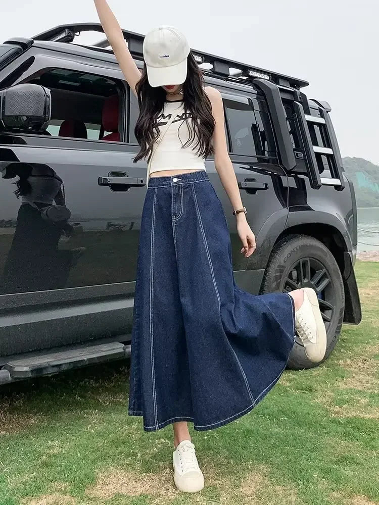 Fashionable Spring Medium-Length High-Waisted Jeans Long Dress Women's Elastic Waist A- Line Skirt Umbrella Skirt