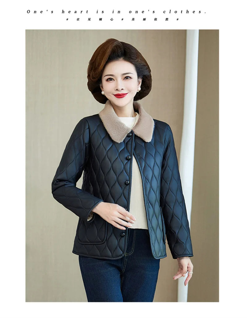 Winter Plush Jacket Winter Mom's Fashion Plus Size Loose Thick Fur Collar Coat For Mid-Aged Women With Velvet Warm Quilted Coat
