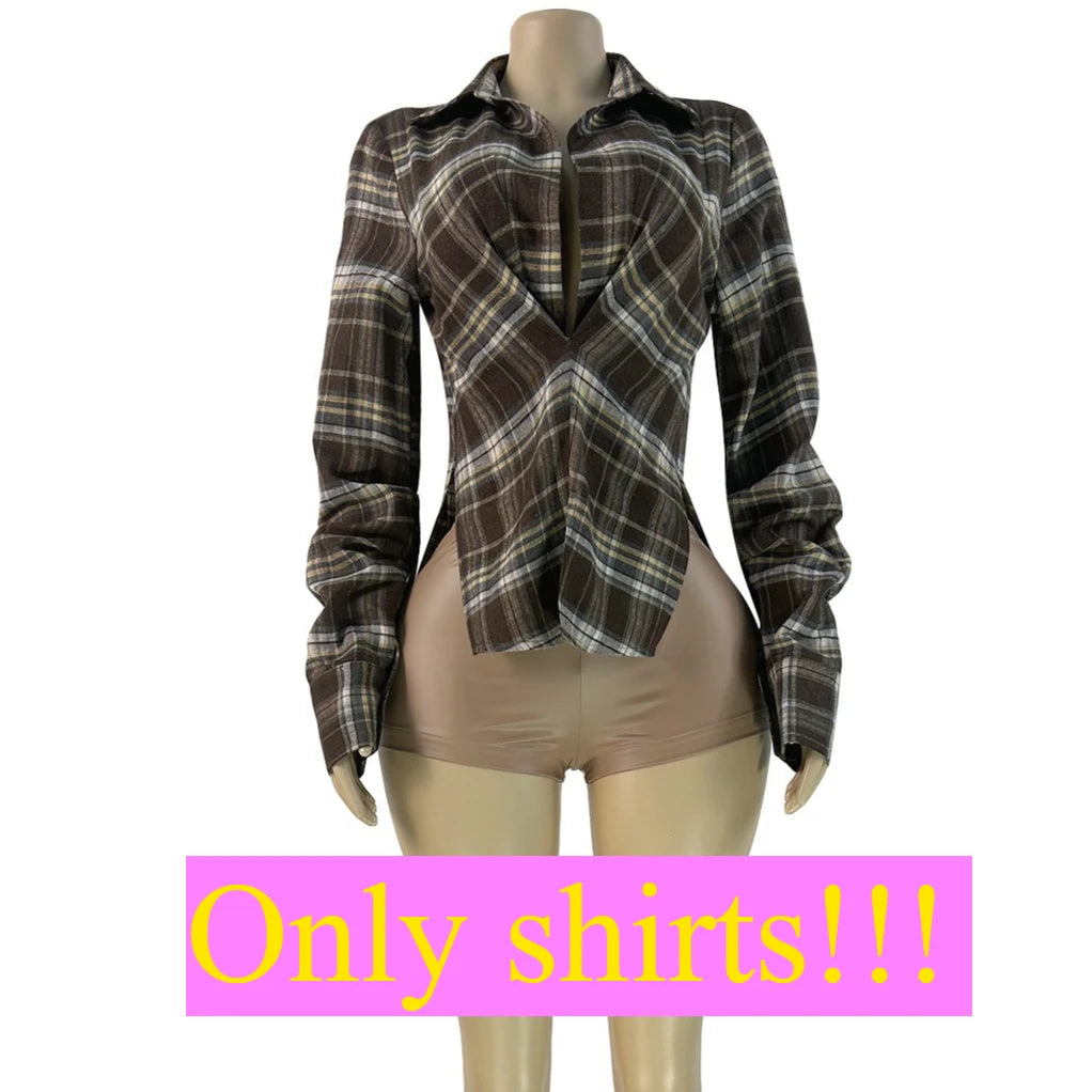 Checkered Patchwork V Neck Streetwear T Shirt for Women