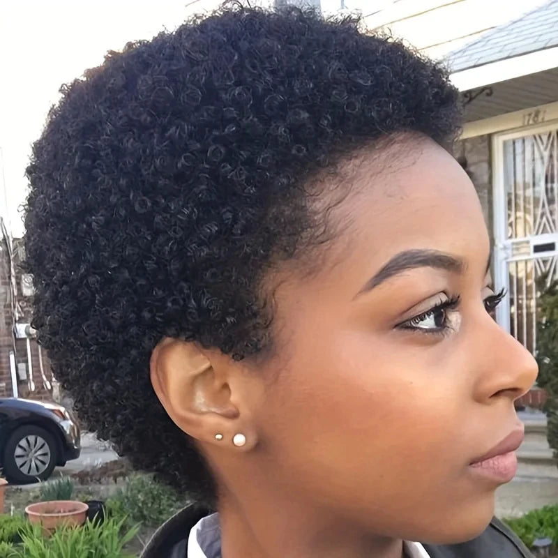 short afro curly human hair wig 150% density remy hair machine made pixie cut short curly human hair wig 4inch black color