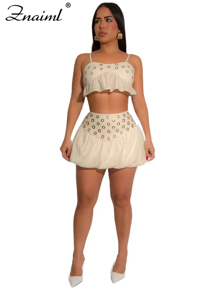 Znaiml Sexy Summer Beach Vacation Women Spaghetti Strap Crop Top and Mini Skirts 2 Pieces Set Fashion Night Club Bar Dance Suits