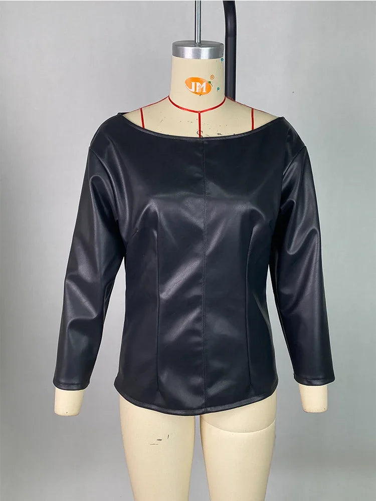 Women PU Leather Round Neck Long Sleeve Blouse Tops Pullover Loose PU Clothes Streetwear Windproof Motorcycle Clothing