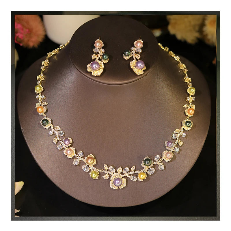 Sparkling Pearl And Floral Crystal Jewelry Set for Women